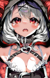 Rule 34 | 1girl, aloe (kenkou3733), animal hood, bare shoulders, black collar, black hair, breasts, camisole, collar, frilled camisole, frills, hair ornament, heart collar, highres, hololive, hood, large breasts, medium hair, multicolored hair, off-shoulder jacket, off shoulder, orca hood, red eyes, sakamata chloe, silver hair, solo, streaked hair, virtual youtuber, white camisole, x hair ornament