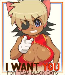 Rule 34 | 1girl, alicia priss, animal ears, blue eyes, breasts, cat ears, cleavage, cyber connect 2, dark-skinned female, dark skin, eyepatch, furry, furry female, gloves, grin, i want you, large breasts, little tail bronx, lowres, multicolored hair, oekaki, parody, pointing, propaganda, smile, solo, tail concerto, tenseiani, two-tone hair