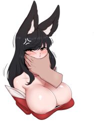 Rule 34 | 1girl, ahri (league of legends), animal ears, annoyed, bare shoulders, black hair, blush, breasts, cheek press, cheek squash, collarbone, embarrassed, face grab, facial mark, fox ears, fox girl, hand on another&#039;s cheek, hand on another&#039;s face, highres, kitsune, kyuubi, large breasts, league of legends, long hair, looking at viewer, simple background, whisker markings, yabby