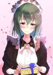 Rule 34 | 1girl, airi rei, alternate costume, blush, enmaided, falling petals, gift, gradient background, green hair, highres, holding, holding gift, idolmaster, idolmaster million live!, maid, maid headdress, nagayoshi subaru, petals, red eyes, simple background, solo, wavy mouth