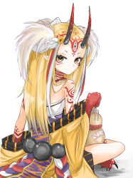 Rule 34 | 1girl, bare shoulders, blonde hair, claws, fate/grand order, fate (series), female focus, guruten9, horns, ibaraki douji (fate), japanese clothes, kimono, long hair, looking at viewer, off shoulder, oni, oni horns, pixiv id 14106320, pointy ears, short kimono, simple background, sitting, solo, white background, yellow eyes, yellow kimono