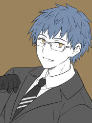 Rule 34 | 1boy, bespectacled, blue hair, brown background, brown eyes, collared shirt, diagonal-striped clothes, diagonal-striped necktie, diagonal-striped neckwear, fate/grand order, fate (series), formal, glasses, gloves, hand up, highres, jacket, looking at viewer, male focus, necktie, partially colored, saitou hajime (fate), shirt, simple background, smile, solo, striped clothes, striped necktie, striped neckwear, suit, tachitsu teto, upper body