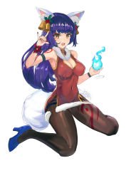 Rule 34 | 0.7 (aysatnegr), 1girl, animal ear fluff, animal ears, bad id, bad pixiv id, bare shoulders, bell, black pantyhose, blue footwear, breasts, cleavage, commentary, covered navel, cup, daji (monster strike), dot nose, facial mark, fox ears, fox girl, fox shadow puppet, fox tail, full body, gold trim, hand up, high heels, hitodama, holding, jingle bell, long hair, medium breasts, mistletoe, monster strike, nail polish, open mouth, pantyhose, purple hair, red nails, simple background, sitting, sleeveless, solo, tail, teeth, upper teeth only, wariza, whisker markings, white background, yellow eyes