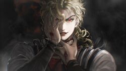 Rule 34 | 1boy, absurdres, blonde hair, blood, blood on clothes, blood on face, blood on hands, dark background, dio brando, hair between eyes, hand on own face, hands up, highres, jojo no kimyou na bouken, light smile, long hair, male focus, parted lips, portrait, red eyes, takashi (huzakenna), teeth, upper body