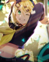 Rule 34 | 1girl, aqua eyes, arms up, black shirt, black skirt, blonde hair, commentary, cropped shirt, grin, hair ornament, hairband, hairclip, hand up, heart, highres, kagamine rin, looking at viewer, midriff, navel, neckerchief, one eye closed, rettou joutou (vocaloid), shirt, short hair, skirt, smile, solo, strawberrya mg, swept bangs, triangle, upper body, vocaloid, yellow neckerchief