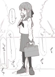Rule 34 | 1girl, arm at side, bag, blurry, blurry background, blush, constricted pupils, covering own mouth, day, ear blush, female focus, flat chest, full body, greyscale, hair ribbon, hand to own mouth, hand up, highres, holding, holding bag, japanese text, long hair, long sleeves, miniskirt, monochrome, neckerchief, nose blush, nuruko (nuru55555), open mouth, original, outdoors, pantyhose, pee, peeing, peeing self, pleated skirt, puddle, ribbon, sailor collar, scared, school bag, school uniform, serafuku, shoes, sidelocks, skirt, solo, speech bubble, standing, steam, sweat, tears, translation request, tree, white background
