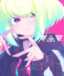 Rule 34 | 1boy, black choker, black hoodie, choker, colored eyelashes, gem, green hair, heart, heart hands, highres, hood, hood down, hoodie, jewelry, lace-trimmed choker, lace trim, light blush, lio fotia, looking at viewer, male focus, pink background, promare, purple eyes, red gemstone, ring, short hair, sidelocks, smile, solo, trap, yzyz630