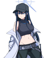 Rule 34 | 1girl, andy9610, bare shoulders, baseball cap, belt, black hat, black pants, black shirt, blue archive, blue eyes, blue hair, coat, commentary request, cowboy shot, crop top, hair between eyes, hat, leggings, long hair, long sleeves, midriff, navel, off shoulder, open clothes, open coat, pants, saori (blue archive), shirt, simple background, sleeveless, sleeveless shirt, solo, standing, stomach, thighs, very long hair, white background, white coat