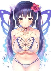 Rule 34 | 1girl, :o, bare arms, bare shoulders, bikini, bikini day, blue hair, blush, breasts, butterfly wings, cameltoe, choker, cleavage, collarbone, cowboy shot, flower, hair flower, hair ornament, hair ribbon, halterneck, hands on own chest, hibiscus, highres, index finger raised, insect wings, large breasts, long hair, looking at viewer, multi-strapped bikini, nail polish, nanohana kohina, navel, open mouth, original, parted lips, red flower, ribbon, scrunchie, simple background, solo, sweat, swimsuit, thigh gap, twintails, very long hair, white background, white bikini, white ribbon, wings, wrist scrunchie, yellow eyes