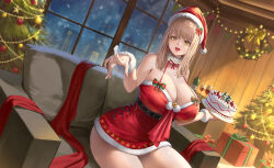 1girl absurdres alcohol belt black_belt bottle box breasts brown_hair cake christmas christmas_cake christmas_lights christmas_ornaments christmas_present christmas_tree cleavage couch cup dress drinking_glass earrings emma_(nikke) food fur-trimmed_dress fur-trimmed_headwear fur-trimmed_wrist_cuffs fur_trim gift gift_box goddess_of_victory:_nikke hair_ornament hat highres holding holding_food holly_hair_ornament huge_breasts indoors jewelry long_hair looking_at_viewer night night_sky on_couch phusit red_dress red_wine santa_dress santa_hat short_dress sitting sky smile snow snowing solo teeth thighs tongue upper_teeth_only window wine wine_bottle wine_glass yellow_eyes