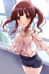 Rule 34 | 1girl, absurdres, black shorts, blush, breasts, brown eyes, brown hair, commentary request, hair ornament, highres, idolmaster, idolmaster cinderella girls, indoors, kuroba aki, long hair, long sleeves, looking at viewer, ogata chieri, open mouth, pink shirt, shirt, short shorts, shorts, small breasts, solo, twintails, window