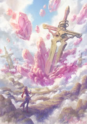 Rule 34 | ambiguous gender, blue sky, cloud, crystal, fantasy, garutaisa, original, oversized object, planted, planted sword, planted weapon, red scarf, scarf, scenery, sky, solo, standing, sword, weapon