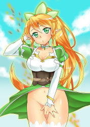 Rule 34 | 10s, 1girl, :o, bangle, blonde hair, bottomless, bracelet, breasts, collarbone, day, elf, green eyes, groin, highres, jewelry, large breasts, leaf, leafa, long hair, pointy ears, ponytail, sky, solo, sword art online, uesugi kyoushirou