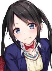 Rule 34 | 1girl, black hair, blue eyes, blue jacket, blush, breasts, choker, close-up, closed mouth, collarbone, dot nose, idolmaster, idolmaster shiny colors, jacket, long hair, long sleeves, looking at viewer, mitsumine yuika, open clothes, open jacket, plaid, plaid skirt, red skirt, ribbon choker, shirt, simple background, skirt, small breasts, smile, solo, spoonkoros, sweater, twintails, white background, white shirt, yellow sweater