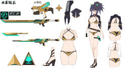 Rule 34 | 1girl, ahoge, animal ears, bare legs, bikini, black gloves, blue eyes, blue hair, breasts, character name, character sheet, chest tattoo, cleavage, criss-cross halter, fake animal ears, gloves, halterneck, high heels, highres, kson, kson (swimsuit), large breasts, long hair, looking at viewer, mole, mole under eye, multicolored hair, navel, official art, ponytail, purple hair, souchou, stomach, streaked hair, swimsuit, sword, tattoo, thigh strap, virtual youtuber, vshojo, weapon, yaman