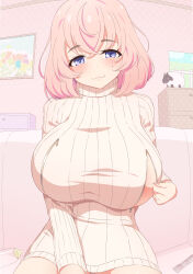Rule 34 | 1girl, absurdres, areola slip, blush, breasts, cellphone photo, commentary request, couch, crossed bangs, hair between eyes, highres, indoors, large breasts, long sleeves, looking at viewer, medium hair, mole, mole under eye, nursing sweater, orange hair, original, purple eyes, ribbed sweater, sakamata (sakamata4), sitting, smile, solo, sweater, turtleneck, turtleneck sweater, unzipped, white sweater