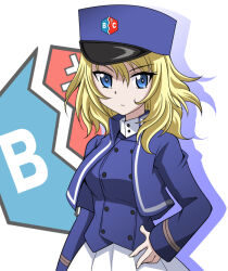 Rule 34 | 1girl, bc freedom (emblem), bc freedom military uniform, blonde hair, blue eyes, blue hat, blue jacket, blue vest, closed mouth, commentary request, dress shirt, emblem, frown, girls und panzer, hand on own hip, hanzou, hat, high collar, jacket, kepi, long sleeves, looking at viewer, medium hair, messy hair, military hat, military uniform, oshida (girls und panzer), partial commentary, pleated skirt, shadow, shirt, skirt, solo, standing, uniform, vest, white background, white shirt, white skirt