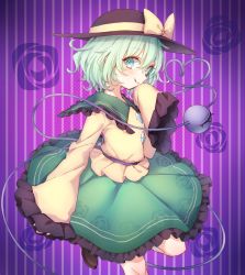 Rule 34 | 1girl, :q, bad id, bad pixiv id, black footwear, black hat, blush, bow, commentary, feet out of frame, floral print, frilled shirt collar, frilled sleeves, frills, green eyes, green hair, green skirt, hair between eyes, hand up, hat, hat bow, heart, heart of string, honotai, komeiji koishi, long sleeves, looking at viewer, petticoat, purple background, shirt, shoes, short hair, skirt, sleeves past fingers, sleeves past wrists, smile, solo, standing, standing on one leg, striped, striped background, third eye, tongue, tongue out, touhou, vertical stripes, wide sleeves, yellow bow, yellow shirt