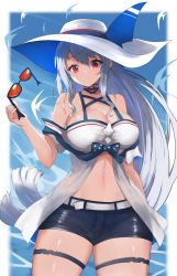 Rule 34 | 1girl, arknights, bad id, bad twitter id, bare shoulders, belt, blouse, blue bow, bow, choker, cross-laced clothes, cross-laced top, hair between eyes, hat, holding, holding removed eyewear, leg strap, long hair, midriff, navel, ocean, official alternate costume, red eyes, revision, shirt, short shorts, shorts, skadi (arknights), skadi (waverider) (arknights), sky, solo, sunglasses, tank top, thigh strap, thighs, unworn eyewear, very long hair, white belt, white hair, white hat, white shirt, white tank top, yuzuruka (bougainvillea)