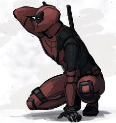 Rule 34 | 1boy, commentary, deadpool, deadpool (movie), deadpool (series), deadpool 2, from side, full body, highres, holding, holding weapon, male focus, marvel, mask, simple background, solo, weapon, white background, yamashichi (mtseven)