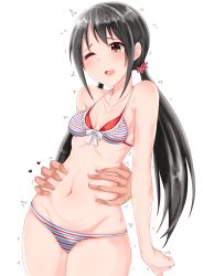 Rule 34 | 1girl, ;d, ;o, bare arms, bare shoulders, bikini, black hair, blush, breasts, brown eyes, cleavage, collarbone, colored stripes, cowboy shot, disembodied limb, flower, hair flower, hair ornament, head tilt, heart, highres, idolmaster, idolmaster cinderella girls, idolmaster cinderella girls starlight stage, long hair, low twintails, motion lines, multicolored bikini, multicolored clothes, nakano yuka, navel, one eye closed, open mouth, raised eyebrows, red flower, ribs, shirushiru (saitou888), simple background, small breasts, smile, solo focus, standing, stomach, striped, swimsuit, torso grab, twintails, very long hair, white background