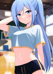 Rule 34 | 1girl, arm behind back, arm up, ball, basketball (object), basketball court, basketball hoop, black shorts, blue eyes, blue hair, blush, borrowed character, breasts, commentary, crop top, gym, hand on own head, highres, indoors, long hair, medium breasts, midriff, bae minah (chaesu), navel, original, ponytail, pout, sairen, shirt, short shorts, short sleeves, shorts, solo, sportswear, white shirt, window