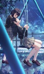 Rule 34 | 2girls, absurdres, benevole, black hair, black jacket, blazer, blue sky, blurry, blurry foreground, blush, bob cut, brown footwear, brown skirt, city, closed eyes, commentary request, couple, fence, full body, hands on another&#039;s cheeks, hands on another&#039;s face, highres, jacket, kiss, kissing forehead, kneehighs, loafers, long hair, looking down, looking up, multiple girls, night, night sky, original, outdoors, parted lips, plaid, plaid skirt, school uniform, shoes, shooting star, short hair, skirt, sky, socks, star (sky), starry sky, swing, tree, uniform, wavy hair, white socks, yuri