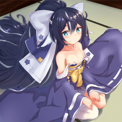 Rule 34 | + +, 1girl, asymmetrical legwear, azur lane, bare shoulders, black hair, blue eyes, blue kimono, blurry, blurry background, blush, bow, closed mouth, collarbone, commentary request, depth of field, flat chest, hair between eyes, hair bow, high ponytail, highres, indoors, japanese clothes, kimono, long hair, long sleeves, looking at viewer, nipple slip, nipples, ponta (velmar), revision, single thighhigh, sitting, sleeves past wrists, solo, strapless, thighhighs, uneven legwear, very long hair, wariza, white bow, white thighhighs, wide sleeves, yoizuki (azur lane)