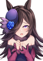 Rule 34 | 1girl, absurdres, animal ears, arms behind back, bare shoulders, blue flower, blue rose, breasts, brown hair, choker, clenched hand, dress, flower, flower hat, hair over one eye, hat, highres, horse girl, long sleeves, looking at viewer, match (scp115), mini hat, off-shoulder dress, off shoulder, open mouth, purple hair, rice shower (umamusume), rose, simple background, small breasts, solo, tilted headwear, umamusume, white background