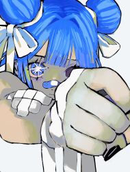 Rule 34 | 1girl, bandaged hand, bandages, bandaid, bandaid on face, bandaid on nose, black nails, blue eyes, blue hair, clenched hand, closed mouth, commentary, double bun, gauze on arm, hair bun, hair ribbon, hand up, highres, looking at viewer, one eye covered, original, ribbon, solo, star (symbol), star in eye, symbol-only commentary, symbol in eye, urokogaran, white background, white ribbon