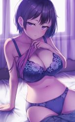 Rule 34 | 1girl, absurdres, arm support, blue bra, blue panties, bra, breasts, cleavage, commentary, curtains, english commentary, highres, large breasts, lifting own clothes, looking at viewer, matched underwear, navel, nya-c, original, panties, purple eyes, purple hair, short hair, sitting, solo, underwear, window