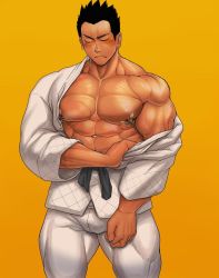Rule 34 | 1boy, abs, bara, biceps, black hair, blush, closed eyes, dougi, feet out of frame, hakama, japanese clothes, karate gi, kuromine hiraya, large pectorals, male focus, manly, mature male, muscular, muscular male, nipples, original, pasties, pectorals, short hair, simple background, solo, tape, tape on nipples, thick arms, thick eyebrows, thick thighs, thighs, yellow background