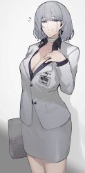Rule 34 | 1girl, absurdres, amirun, bandaged neck, bandages, blazer, breasts, cleavage, closed mouth, collarbone, feet out of frame, formal, girls&#039; frontline, grey hair, grey jacket, grey skirt, grey suit, hand on breast, headphones, highres, holding case, jacket, looking at viewer, medium breasts, medium hair, office lady, official style, purple eyes, purple shirt, rpk-16 (girls&#039; frontline), rpk-16 (renate) (girls&#039; frontline), shirt, skirt, smile, solo, standing, suit, white background