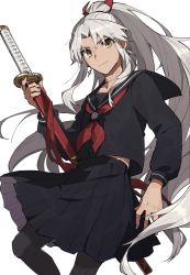 Rule 34 | 1boy, alternate costume, amakusa shirou (fate), amakusa shirou (third ascension) (fate), black dress, black pantyhose, black sailor collar, closed mouth, collared shirt, commentary request, crossdressing, dark-skinned male, dark skin, dress, earrings, fate/apocrypha, fate/grand order, fate (series), highres, holding, holding sword, holding weapon, jewelry, katana, long hair, long sleeves, looking at viewer, male focus, menma222, neckerchief, official alternate hair length, official alternate hairstyle, pantyhose, parted bangs, pleated skirt, ponytail, red neckerchief, sailor collar, sailor dress, school uniform, serafuku, shirt, sidelocks, simple background, skirt, smile, solo, sword, very long hair, weapon, white background, white hair, yellow eyes