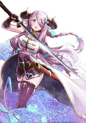 Rule 34 | 10s, 1girl, asymmetrical legwear, black gloves, black thighhighs, blue eyes, blush, braid, breasts, coat, contrapposto, draph, fingerless gloves, gloves, granblue fantasy, hair ornament, hair over one eye, holding, holding sword, holding weapon, horns, katana, large breasts, long hair, looking at viewer, mismatched legwear, narmaya (granblue fantasy), parted lips, pointy ears, purple hair, sheath, solo, standing, sword, tanaka (colorcorn), tareme, thigh strap, thighhighs, thighs, unsheathed, weapon, zettai ryouiki