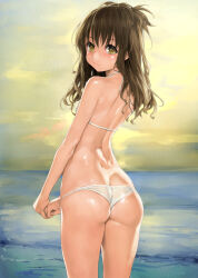 Rule 34 | 1girl, ass, bare shoulders, bikini, blush, breasts, brown eyes, brown hair, butt crack, from behind, ishikei, long hair, looking at viewer, looking back, ocean, petite, skindentation, small breasts, smile, solo, swimsuit, to love-ru, to love-ru darkness, topknot, white bikini, yuuki mikan