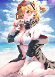 Rule 34 | 1girl, bare shoulders, barefoot, beach, bikini, black jacket, blonde hair, blush, bracelet, breasts, brown eyes, cleavage, closed mouth, clothes down, cloud, commentary request, day, duplicate, earrings, eyewear on head, hair between eyes, hammer, highres, holding, holding hammer, hololive, hololive indonesia, jacket, jewelry, kaela kovalskia, kubota masaki, large breasts, lens flare, medium hair, midriff, navel, neck warmer, ocean, off shoulder, open clothes, open jacket, outdoors, pixel-perfect duplicate, sand, sidelocks, sitting, sky, smile, solo, stomach, string bikini, sunglasses, swimsuit, thighs, virtual youtuber, wariza, wet, wet clothes, white bikini