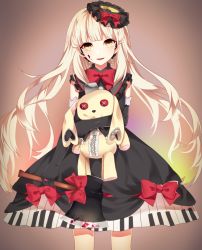 Rule 34 | 1girl, axe, bad id, bad pixiv id, blonde hair, blood, blood on cheek, blood on face, bow, rabbit, elbow gloves, gloves, hat, heart, highres, komsaupp, long hair, mayu (vocaloid), open mouth, piano print, shikimori (komsaupp), sleeveless, solo, stuffed animal, stuffed rabbit, stuffed toy, usano mimi, very long hair, vocaloid, weapon, yellow eyes