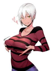 Rule 34 | 1girl, artist request, breast hold, breasts, character request, dark skin, dark-skinned female, female focus, green eyes, highres, large breasts, looking at viewer, parted lips, short hair, smile, solo, tagme, upper body, white hair