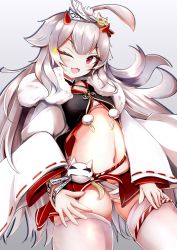 Rule 34 | 1girl, azur lane, belly, commentary request, hair ornament, hibiki (azur lane), highres, horns, japanese clothes, long hair, long sleeves, looking at viewer, navel, one eye closed, oni horns, open mouth, petals, red eyes, sarashi, shrogane, silver hair, simple background, solo, thighhighs, white background, white thighhighs
