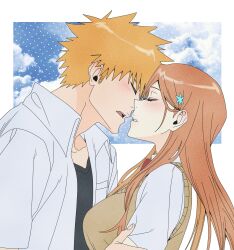 absurdres bleach bow brown_vest cardigan_vest closed_eyes cloud_background collared_shirt couple hair_between_eyes hetero highres imminent_kiss inoue_orihime karakura_high_school_uniform kurosaki_ichigo long_hair n_(nauki_11) open_mouth orange_hair parted_lips red_bow school_uniform shirt short_hair spiked_hair teeth upper_body upper_teeth_only vest white_shirt