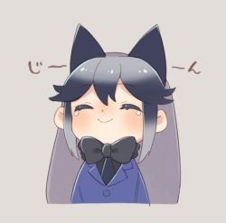 Rule 34 | 10s, 1girl, ^ ^, animal ears, black bow, black bowtie, black necktie, blazer, blue jacket, blush, bow, bowtie, closed eyes, commentary, eyelashes, facing viewer, fox ears, gradient hair, grey background, grey hair, happy, jacket, kemono friends, long hair, long sleeves, multicolored hair, necktie, nose blush, silver fox (kemono friends), simple background, smile, solo, sound effects, tears, translation request, two-tone hair, upper body, yarerubabaa