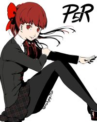 Rule 34 | 1girl, black jacket, black pantyhose, bow, copyright name, hair bow, highres, jacket, long hair, looking at viewer, official style, pantyhose, parted lips, persona, persona 5, persona 5 the royal, pleated skirt, ponytail, red hair, rubysp 720, school uniform, shuujin academy school uniform, simple background, sitting, skirt, smile, soejima shigenori (style), solo, twitter username, unmoving pattern, white background, yoshizawa kasumi