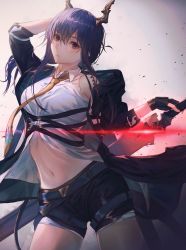 Rule 34 | 1girl, absurdres, arknights, arm up, bare shoulders, black gloves, black jacket, black shorts, blue hair, breasts, brown eyes, ch&#039;en (arknights), commentary, cowboy shot, dragon horns, fingerless gloves, gloves, hair between eyes, highres, holding, holding sword, holding weapon, horns, jacket, long hair, medium breasts, midriff, navel, necktie, open clothes, open jacket, shirt, shorts, solo, standing, stomach, sword, thighs, weapon, white shirt, xi-u, yellow necktie