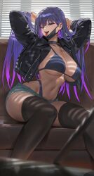 Rule 34 | 1girl, arms up, black jacket, black thighhighs, window blinds, blue choker, blue eyes, borrowed character, breasts, butterfly tattoo, choker, cleavage, highres, hood (james x), jacket, large breasts, long sleeves, looking at viewer, mask, micro shorts, mouth mask, navel, open clothes, open jacket, open mouth, original, purple hair, shorts, sitting, smile, tattoo, thighhighs, thighs, tongue, tongue out, underboob, yuna (biya (1024))
