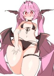 Rule 34 | 1girl, :q, absurdres, bikini, blush, breasts, closed mouth, demon girl, demon tail, demon wings, highres, horns, licking lips, long hair, looking at viewer, original, pink hair, red eyes, simple background, skindentation, small breasts, solo, swimsuit, tail, thick thighs, thigh strap, thighs, tongue, tongue out, twintails, uruti 2388, very long hair, white background, wide hips, wings