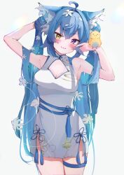 Rule 34 | 1girl, :3, absurdres, ahoge, animal ear fluff, animal ears, arms up, bare shoulders, blue hair, blush, breasts, cat ears, character request, china dress, chinese clothes, cleavage, cleavage cutout, clothing cutout, commission, cowboy shot, dress, floral print, flower, heterochromia, highres, indie virtual youtuber, long hair, looking at viewer, medium breasts, midorikawa (tawf5452), purple eyes, simple background, skeb commission, solo, standing, tassel, thigh strap, very long hair, virtual youtuber, white background, white flower, yellow eyes