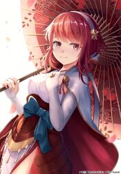 Rule 34 | 1girl, absurdres, capelet, fire emblem, fire emblem fates, floral print, hairband, hand on own chest, highres, holding, holding umbrella, looking at viewer, nintendo, oil-paper umbrella, pelvic curtain, pink eyes, pink hair, ryo-suzuki, sakura (fire emblem), short hair, short hair with long locks, smile, solo, umbrella, waist ribbon, white capelet, white hairband