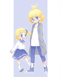 Rule 34 | 1boy, 1girl, ahoge, akasaka (qv92612), blonde hair, bonnie (pokemon), brother and sister, buttons, clemont (pokemon), closed mouth, coat, collared shirt, commentary request, creatures (company), game freak, glasses, grey coat, grey footwear, hand in pocket, long sleeves, neck ribbon, nintendo, no pupils, open clothes, open coat, pants, pokemon, pokemon xy, ribbon, shirt, shoes, siblings, skirt, smile, sneakers, socks, standing, white legwear, white shirt