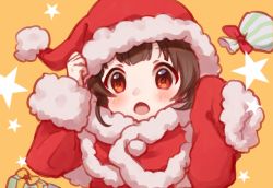 Rule 34 | 1girl, :o, arm up, blush, box, brown hair, capelet, christmas present, commentary request, fur-trimmed capelet, fur-trimmed headwear, fur-trimmed sleeves, fur trim, gift, gift box, hand up, hat, idolmaster, idolmaster million live!, long sleeves, nakatani iku, nuno (pppompon), open mouth, orange background, red capelet, red eyes, red hat, santa costume, santa hat, sleeves past fingers, sleeves past wrists, solo, star (symbol), starry background, upper body
